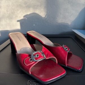 Red leather buckle kitten heel #retro